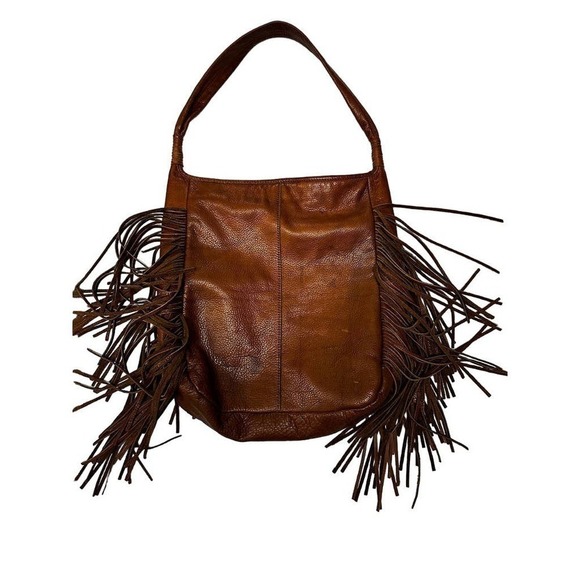 Margot Brown Genuine Leather Fringed Slouch Bag Large - Picture 2 of 6